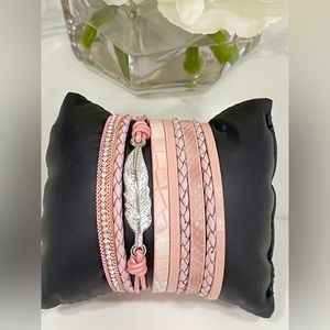 2/$25 ❤️NEW Pink Rhinestone trendy vegan leather bracelet elegant bangle leaf